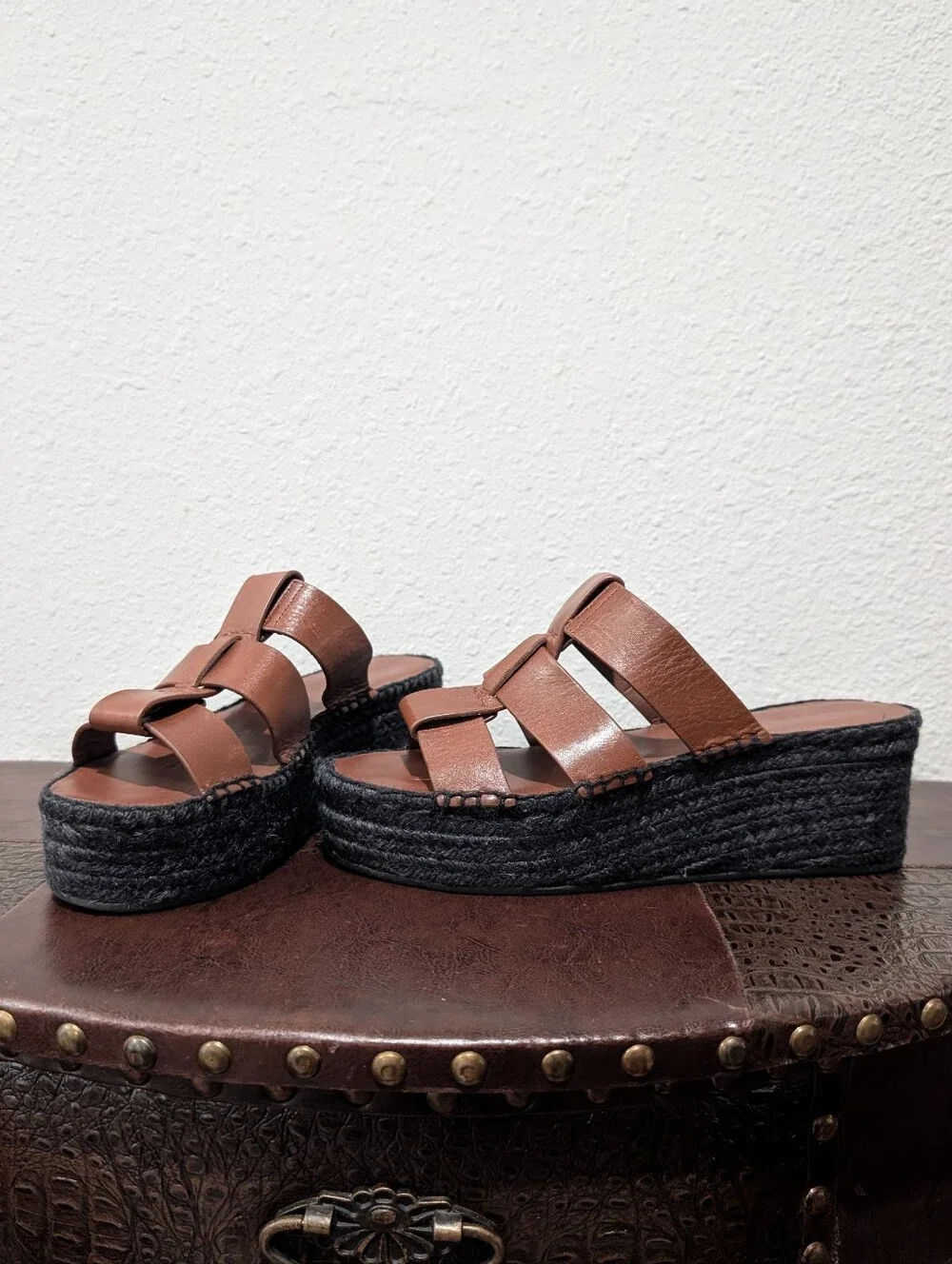 Vince Mahogany Leather Espadrille Platform Wedge Slide Sandals - Size 9M